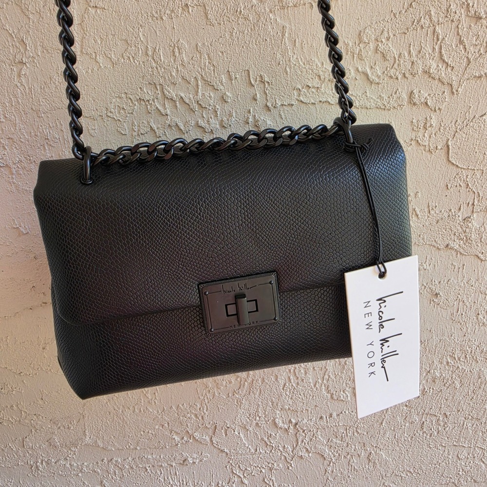 Nicole Miller Faux Snakeskin Crossbody Bag Black Purse Chain New Goth Edgy Party